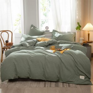 os omystyle sage green duvet cover king size 100% washed cotton linen like textured for all seasons, 3 pieces ultra-soft solid color bedding set with zipper closure, 1pc duvet cover 2pcs pillowcases