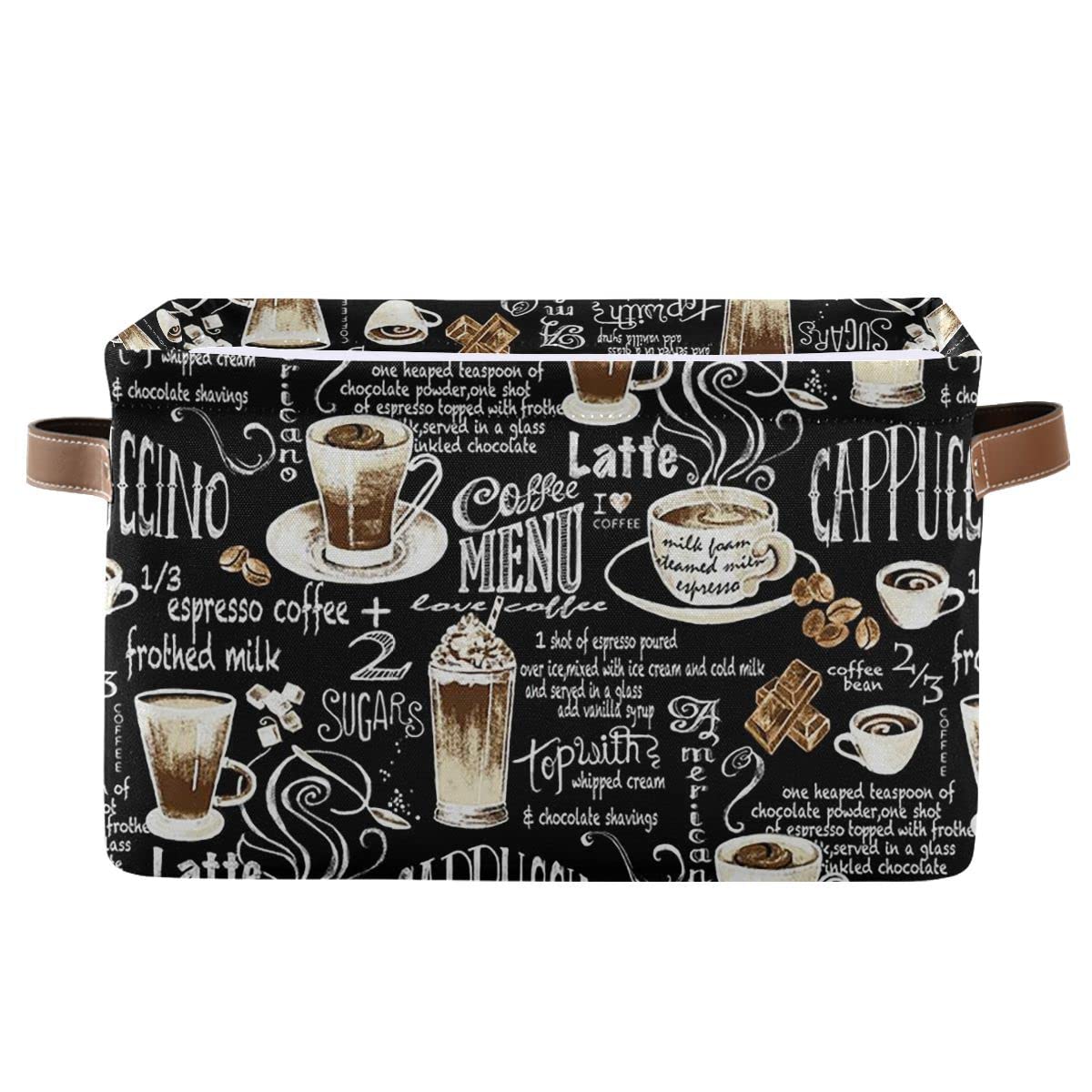 Wamika Black Coffee Beans Storage Basket Fabric Laundry Baskets Cappuccino Latte Chocolate Cocoa Storage Boxes Organizer Bag for Baby Cloth Dog Toy Book Storage Cubes Shelf Closet Bins 16x12x8 Inches