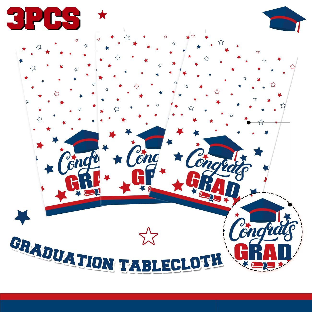 3 PCS Graduation Tablecloth Red Blue Graduation Decorations Class of 2025 Disposable Plastic White Congrats Grad Table Cover Party Supplies 70x43 Inch