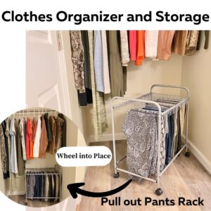 Evelots Pants Rack with 20 Pants Hangers Rolling Trolley-Skirt Hangers, Jean Organizer for Closet