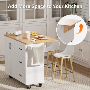 4 EVER WINNER Kitchen Island Cart with Drop Leaf & 3 Drawers, 43” Kitchen Island with Storage Cabinet on Wheels, Spice Rack, Towel Rack, Rolling Kitchen Island Table Breakfast Bar for Kitchen, White