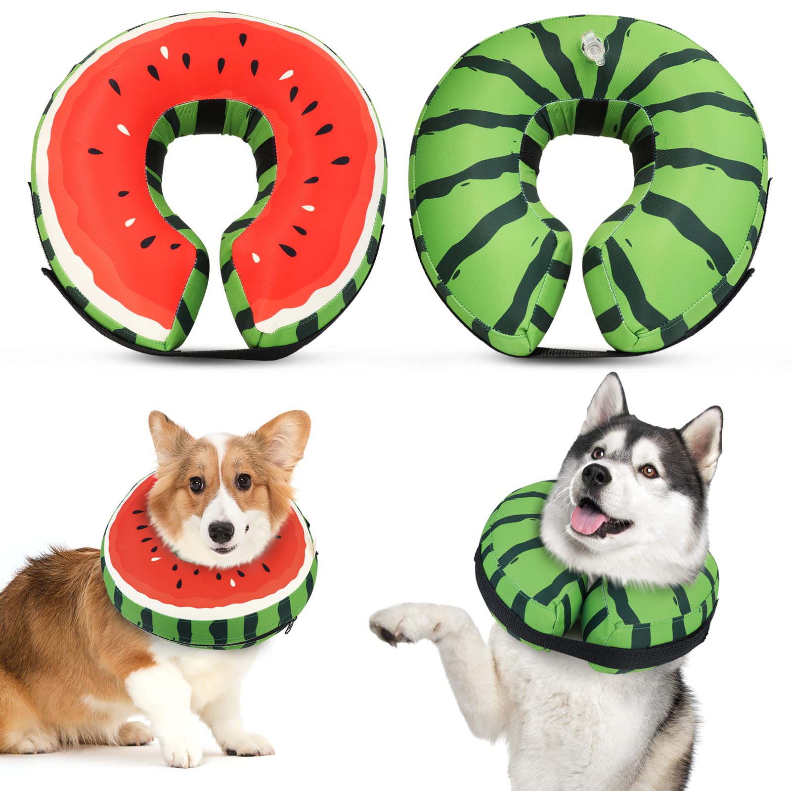 Protective Inflatable Recovery Cone Collar for Small Medium Large Dog, Soft E-Collar Dog Watermelon Donut Cone Alternative After Surgery for Dogs Cats