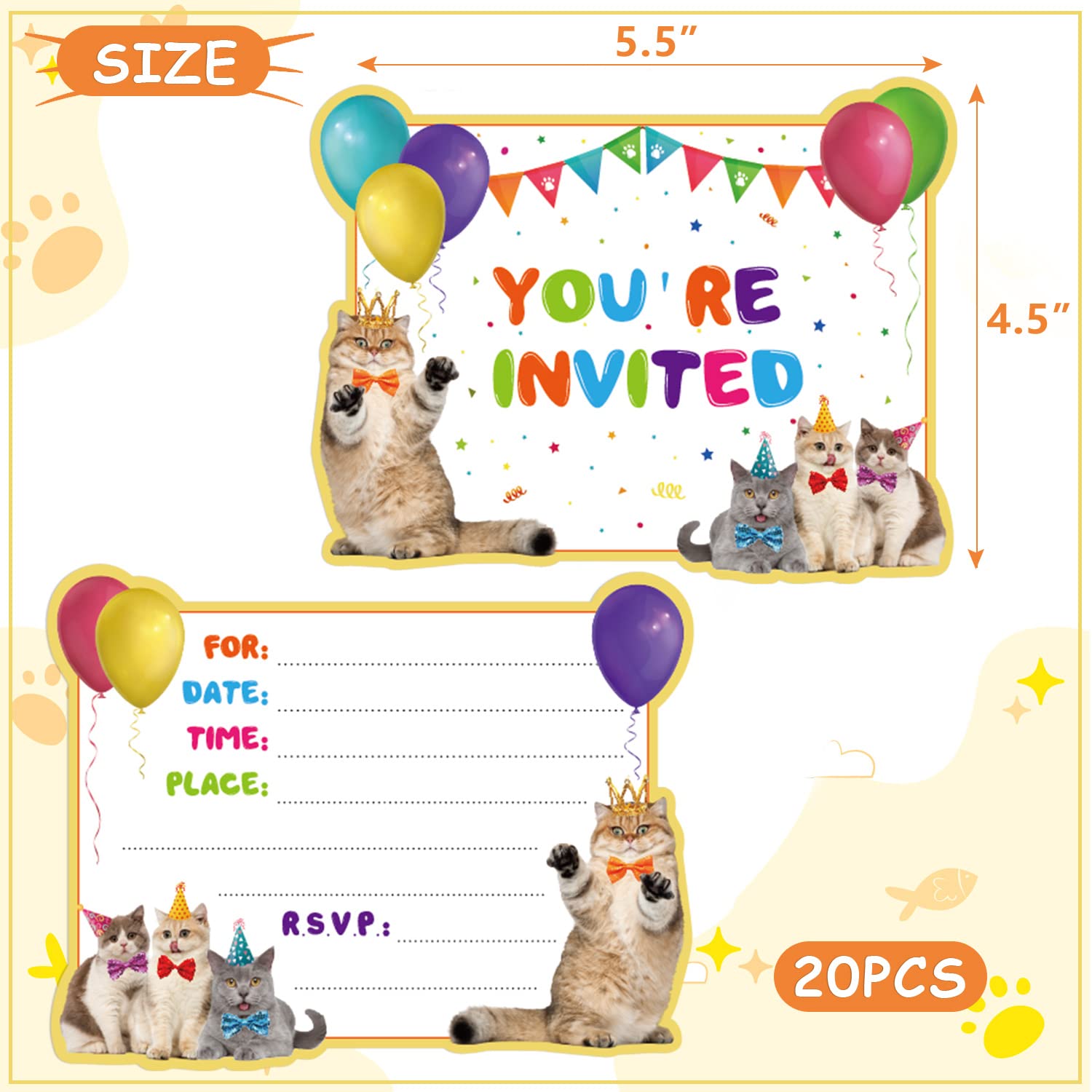 GOGOPARTY 20 Pcs Cat Birthday Invitations, Kitten Party Invitations Cute Animal Birthday Party Invitation Cards With Sticker Labels 20 Envelope Birthday Invitations for Birthday Party Supplies