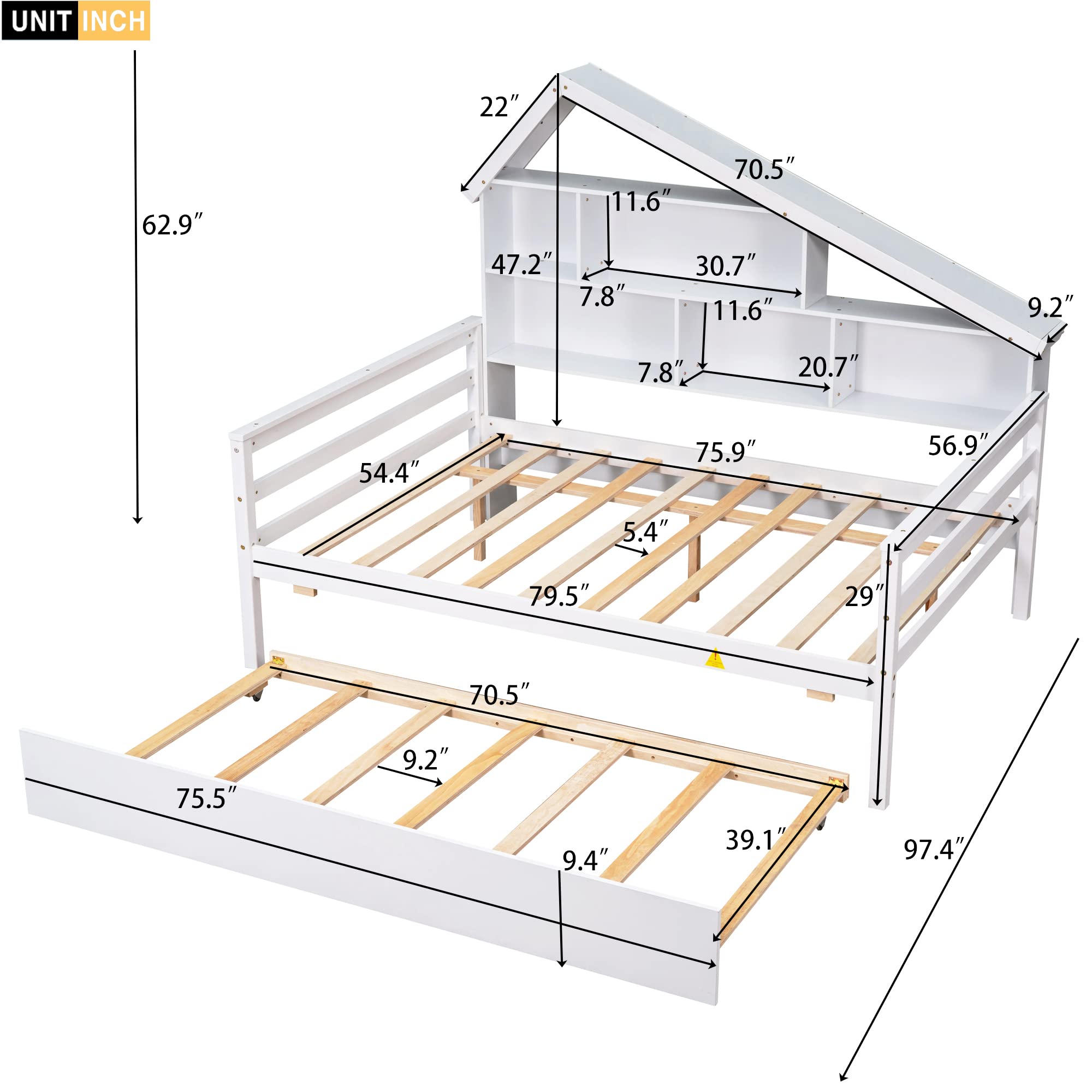 Harper & Bright Designs Full Size Daybed with Trundle and Storage Bookcase, Solid Wood Platform Bed Frame, House Bed for Kids Girls Boys, No Box Spring Needed (Full, White)