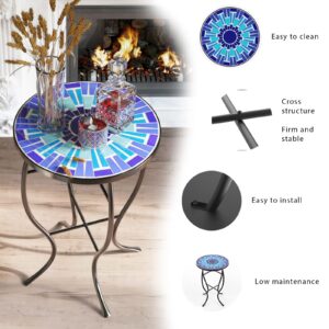 FROMJBEST Mosaic Outdoor Side Table, Patio Side Table, Weather Resistant 14" Diameter 21" H Ceramic Tile Round Outside Table for Patio, Porch, Garden, Pool, Indoor&Outdoor,Plant Stand (Vortex)