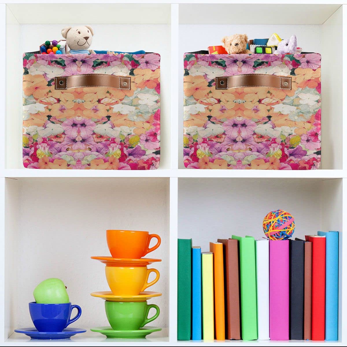 Spring Flowers Pink Purple Storage Basket Fabric Laundry Baskets Morning glory Sunflower Lavender Storage Boxes Organizer Bag for Baby Cloth Dog Toy Book Storage Cubes Shelf Closet Bins 16x12x8 Inches