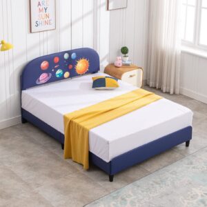 Mjkone Twin Bed Frame Kids, Space Adventures Boy Twin Bed Kids Bed, Teens Bed Frame with Upholstered PVC Tufted Headboard, Children Bed Frame, No Spring Box Needed (Planets)