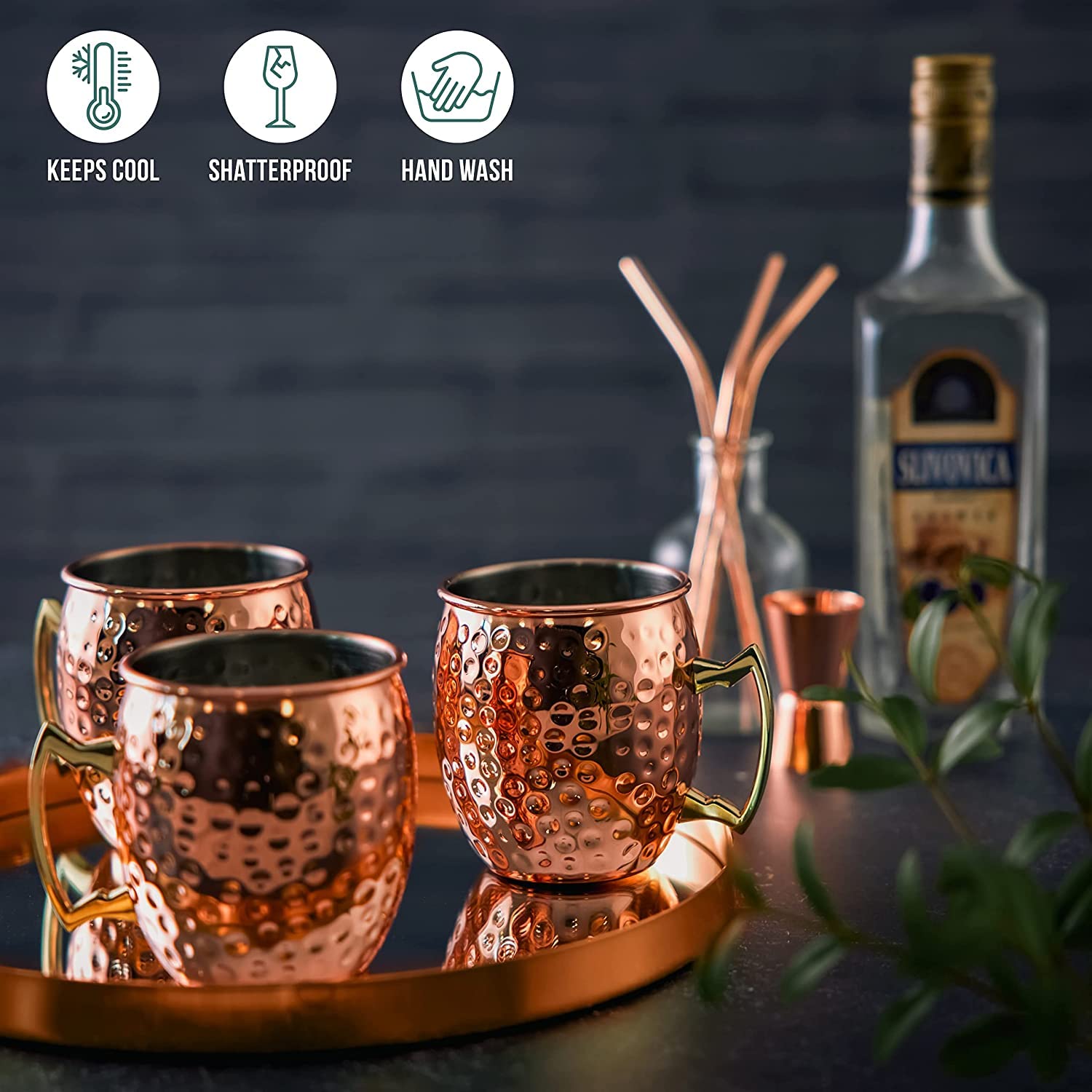 BOLD & DIVINE Copper Plated Moscow Mule Mugs Set of 4 | 18 Oz Hammered Copper Cups with Stainless Steel Lining Gold & Brass Handles with Copper Straws & Shot Glass | Perfect for Bars, Parties & Gifts