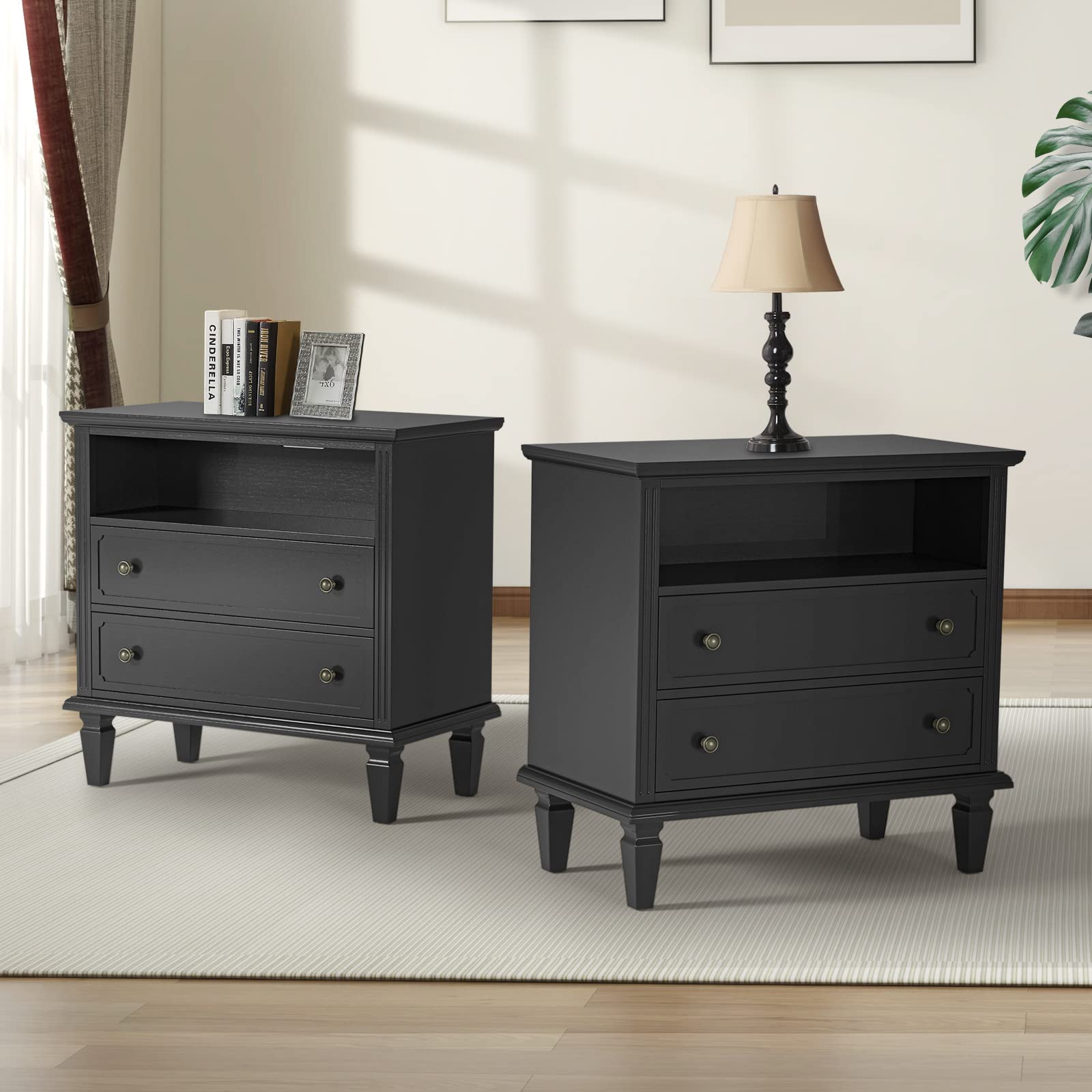 HULALA HOME Farmhouse Nightstand with Charging Station, Set of 2 End Table with USB Ports and Outlets, Fluted Pilasters Bedside Table with Open Space Dresser for Bedroom,Black