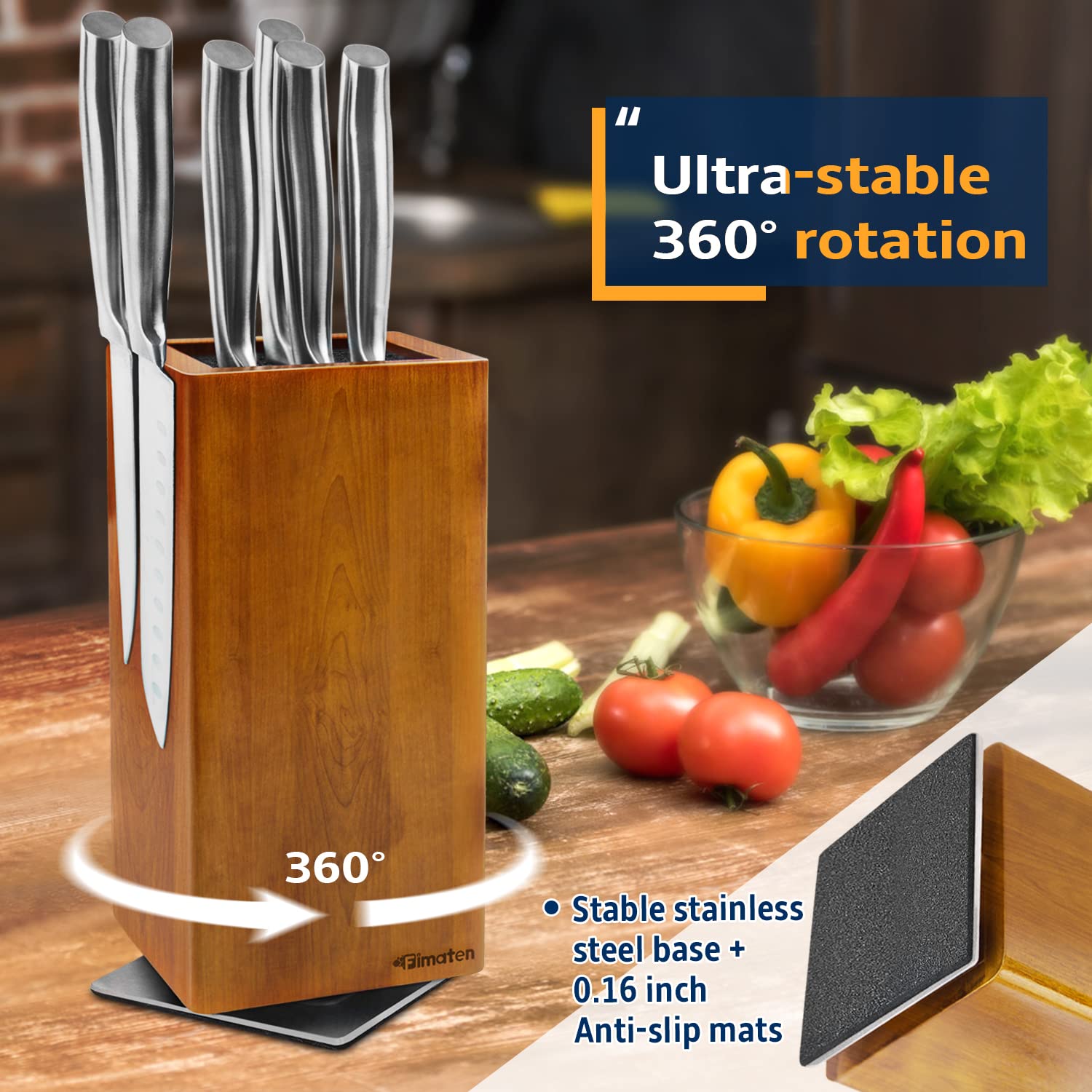 Fimaten universal magnetic knife block without knives-360° rotatable magnetic knife holder made of fine acacia wood, Extra large magnet knife storage for knives and utensils for a quality kitchen life