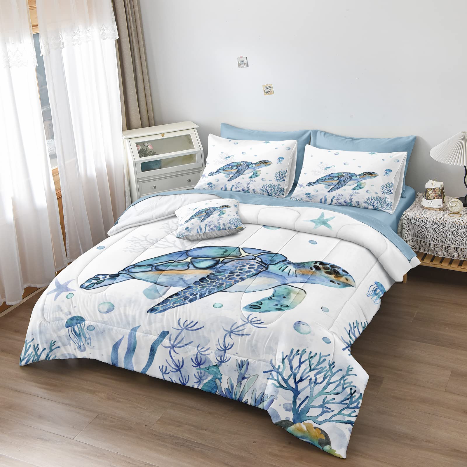 Sea Turtle Comforter Ocean Themed Bedding Sets 6 Pieces Twin Bed in A Bag Teal Blue Turtle Sea Horse Animal Cartoon Pattern Beach Coastal Bedding Comforter (Sea Turtle, Twin)