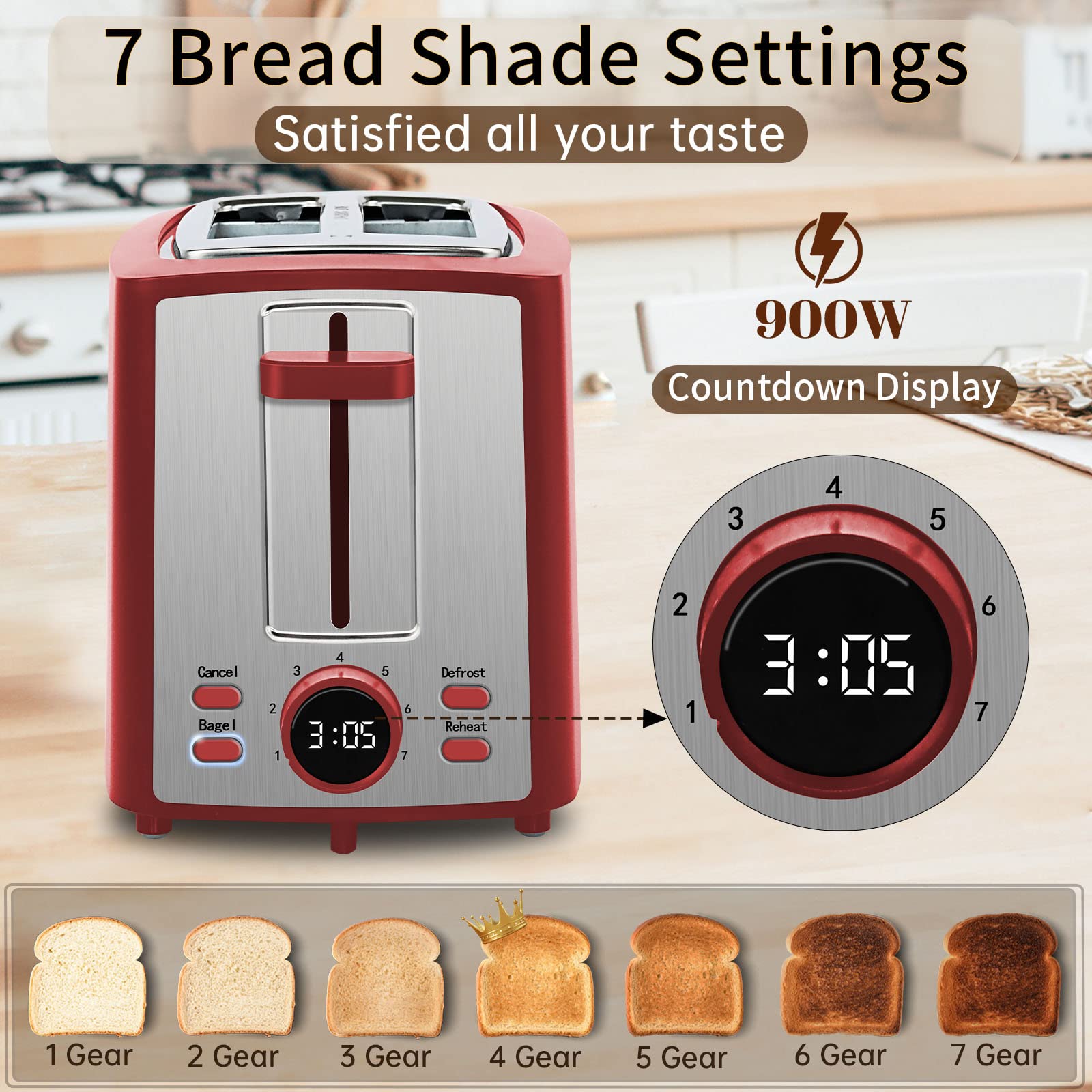 SEEDEEM Toaster 2 Slice, Bread Toaster with LCD Display, 7 Shade Settings, 1.４'' Variable Extra Wide Slots Toaster with Cancel, Bagel, Defrost, Reheat Functions, Removable Crumb Tray, 900W, Retro Red