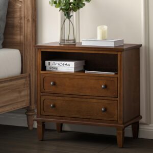 hulala home nightstand with charging station, transitional end table with usb ports & outlets, fluted pilasters design wood 2 drawers side table with open space dresser for bedroom,walnut