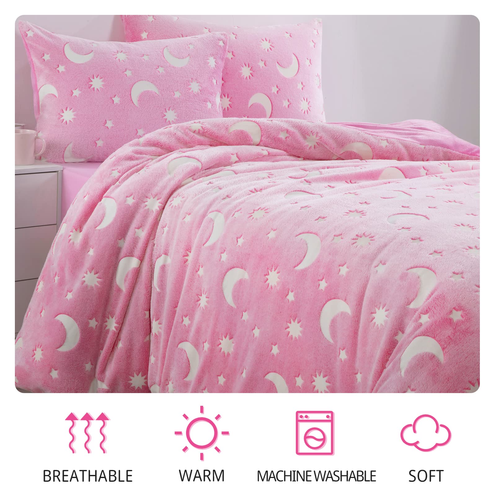 HOMBYS Glow in The Dark Duvet Cover Set for Kids Full/Queen Size, 3 Pieces Pink Soft Plush Velvet Bedding Comforter Cover with Glowing Stars for Girls Bedroom (1 Duvet Cover, 2 Matching Pillow Cases)