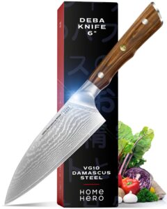 home hero japanese deba knife collection - vg10 damascus steel triple rivet ultra sharp 67 layers kitchen knife with ergonomic rosewood handle - unique gift for men & women (6 inch deba knife)