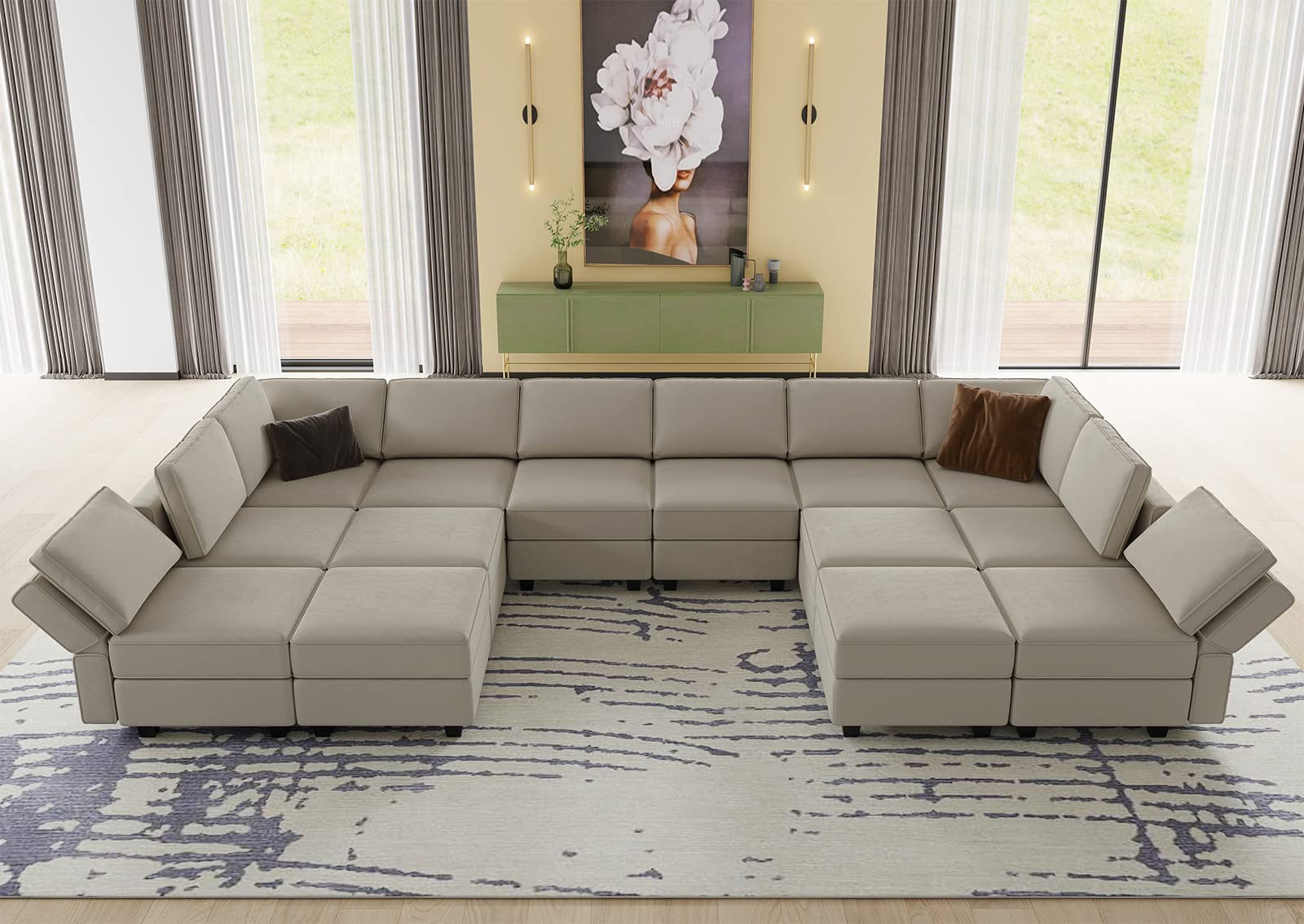 Belffin Oversized Modular sectional Sofa with Double Chaises U Shaped Sectional Sleeper Sofa Couch Reversible Sectional Sofa with Storage Velvet Grey