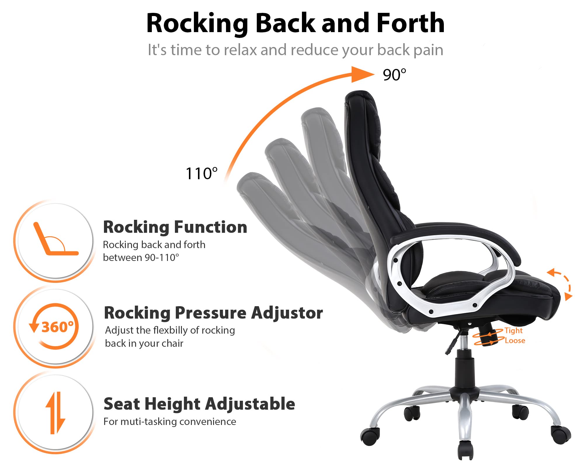 Ergonomic Office Chair, Height Adjustable Pu Leather Office Chair with Padded Armrests and Lumbar Support, 250 Lbs Heavy Duty Swivel Desk Chair Computer Chair for Men Women, Desk Chairs with Wheels