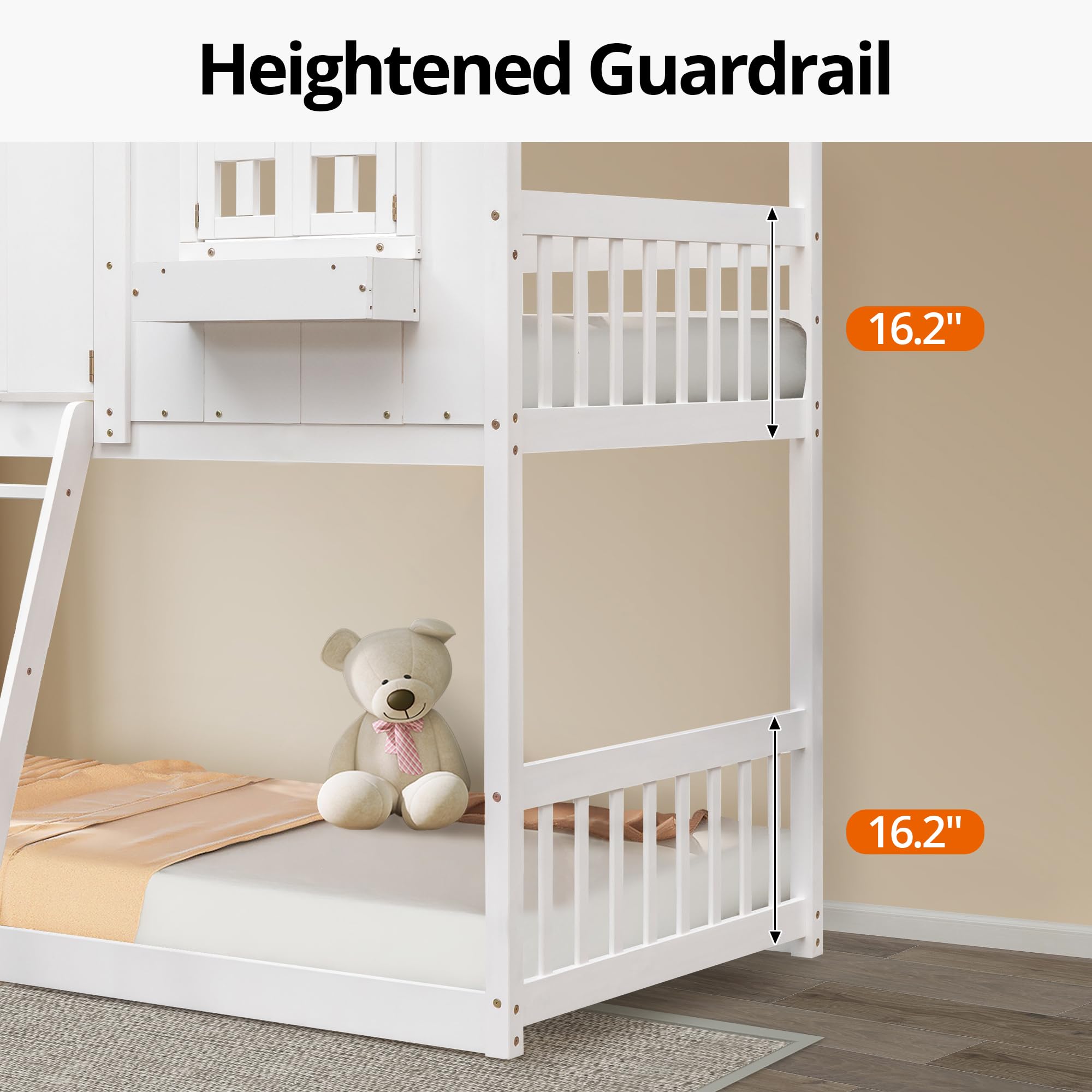 Bunk Bed Twin Over Twin with Roof, Wood House Bunk Bed with Door, Windows, Twin Bunk Bed Frame with Heightened Guardrails and Widen Ladder for Boys Girls, 81.7" L x 57.8" W x 86.9" H, White