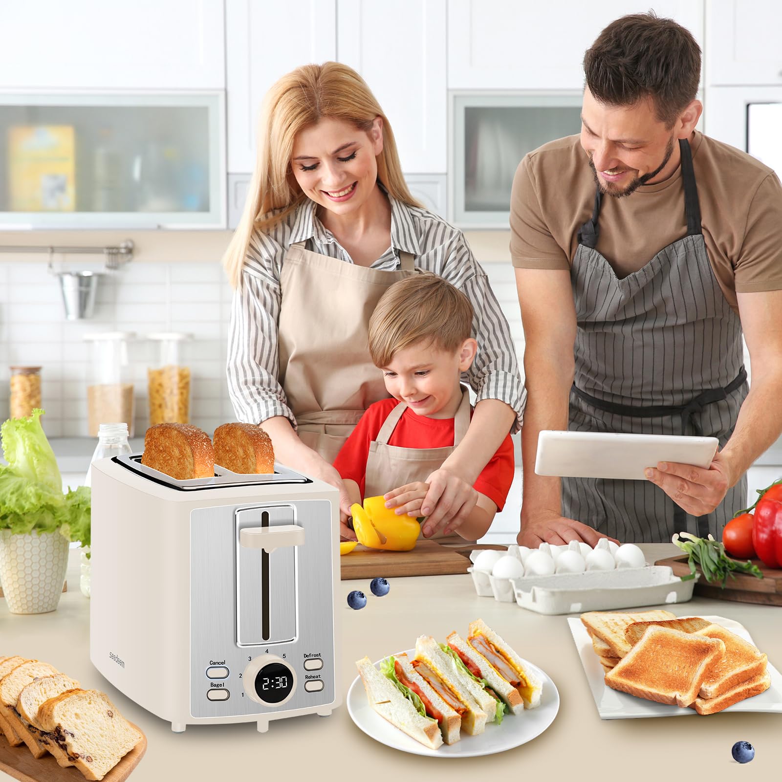 SEEDEEM Toaster 2 Slice, Bread Toaster with LCD Display, 7 Shade Settings, 1.４'' Extra Wide Slots Toaster with Cancel, Bagel, Defrost, Reheat Functions, Removable Crumb Tray, 900W, Cream White