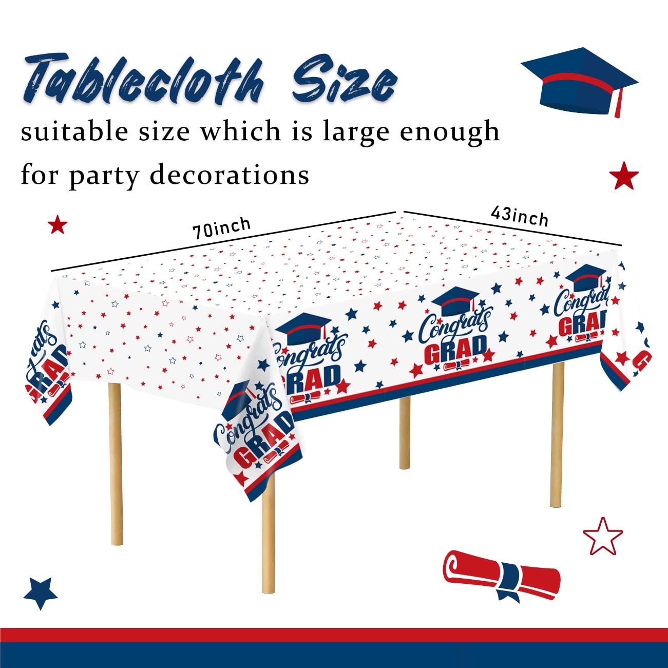 3 PCS Graduation Tablecloth Red Blue Graduation Decorations Class of 2025 Disposable Plastic White Congrats Grad Table Cover Party Supplies 70x43 Inch