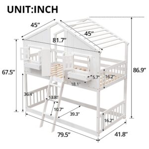 Bunk Bed Twin Over Twin with Roof, Wood House Bunk Bed with Door, Windows, Twin Bunk Bed Frame with Heightened Guardrails and Widen Ladder for Boys Girls, 81.7" L x 57.8" W x 86.9" H, White