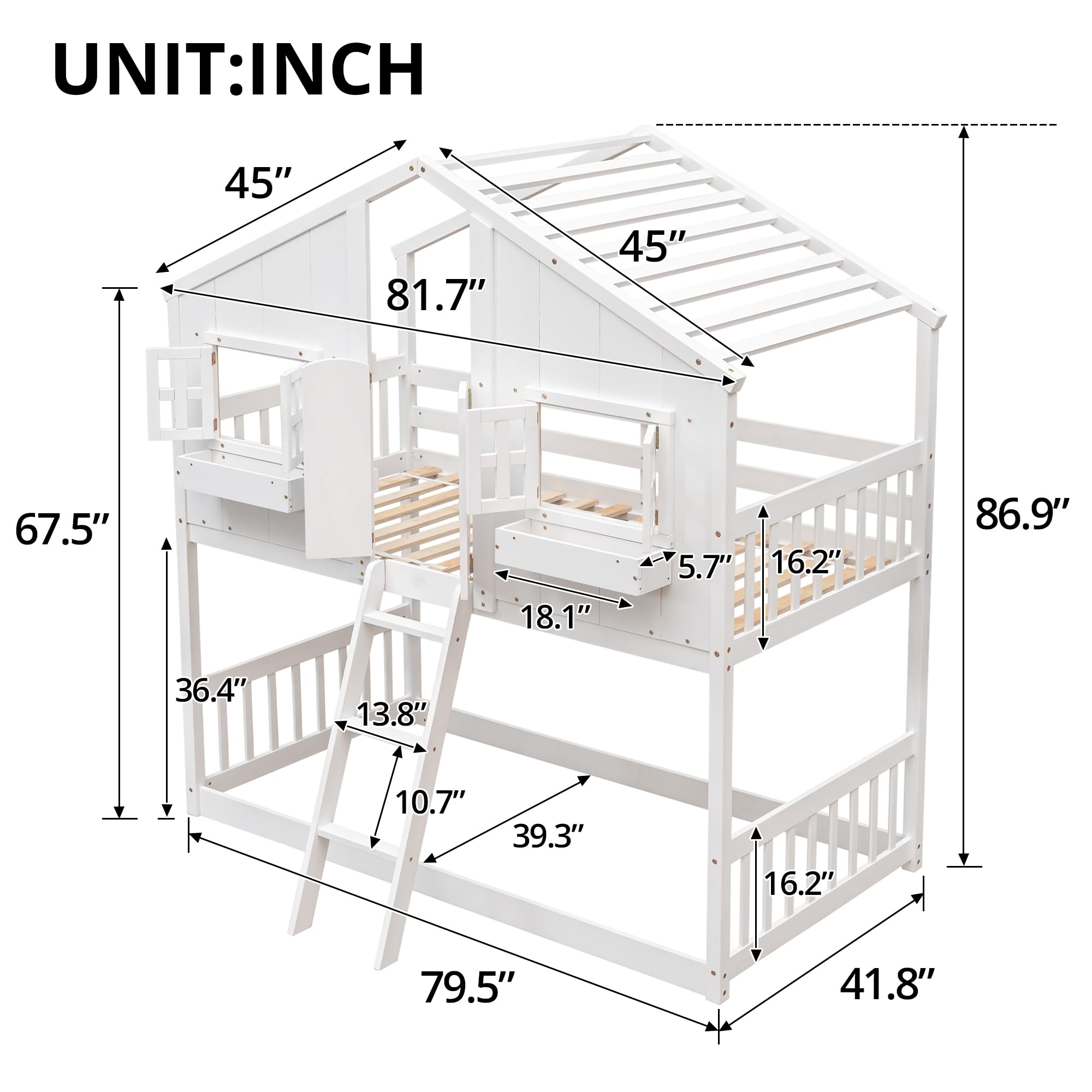 Bunk Bed Twin Over Twin with Roof, Wood House Bunk Bed with Door, Windows, Twin Bunk Bed Frame with Heightened Guardrails and Widen Ladder for Boys Girls, 81.7" L x 57.8" W x 86.9" H, White