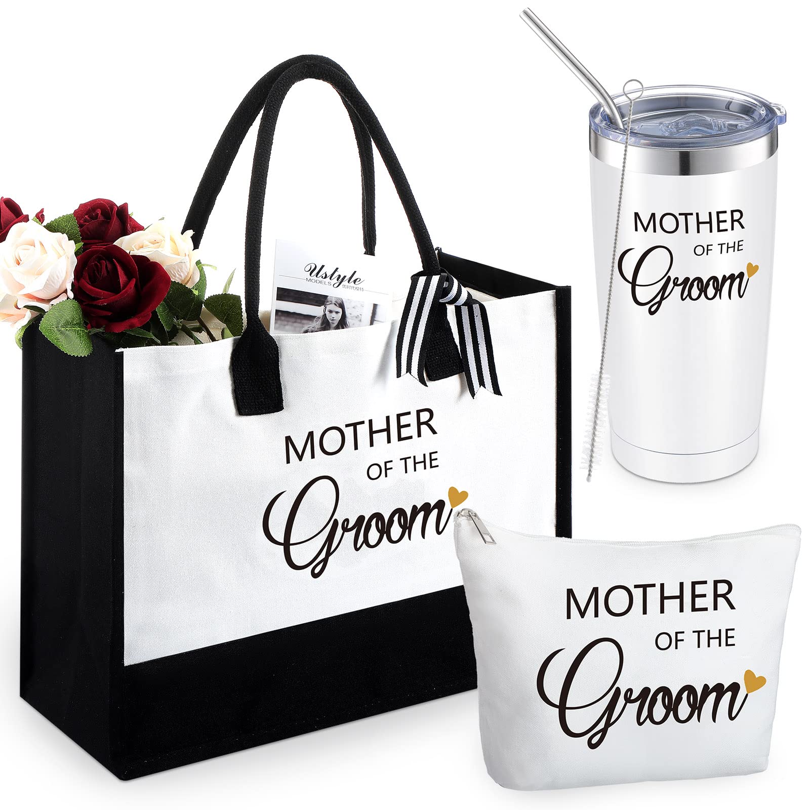 Tudomro 3 Pcs Mother of the Groom Bride Bridal Shower Wedding Gift Canvas Tote Bag Makeup Bag Glass Cup with Lid Straw(Basic Style)