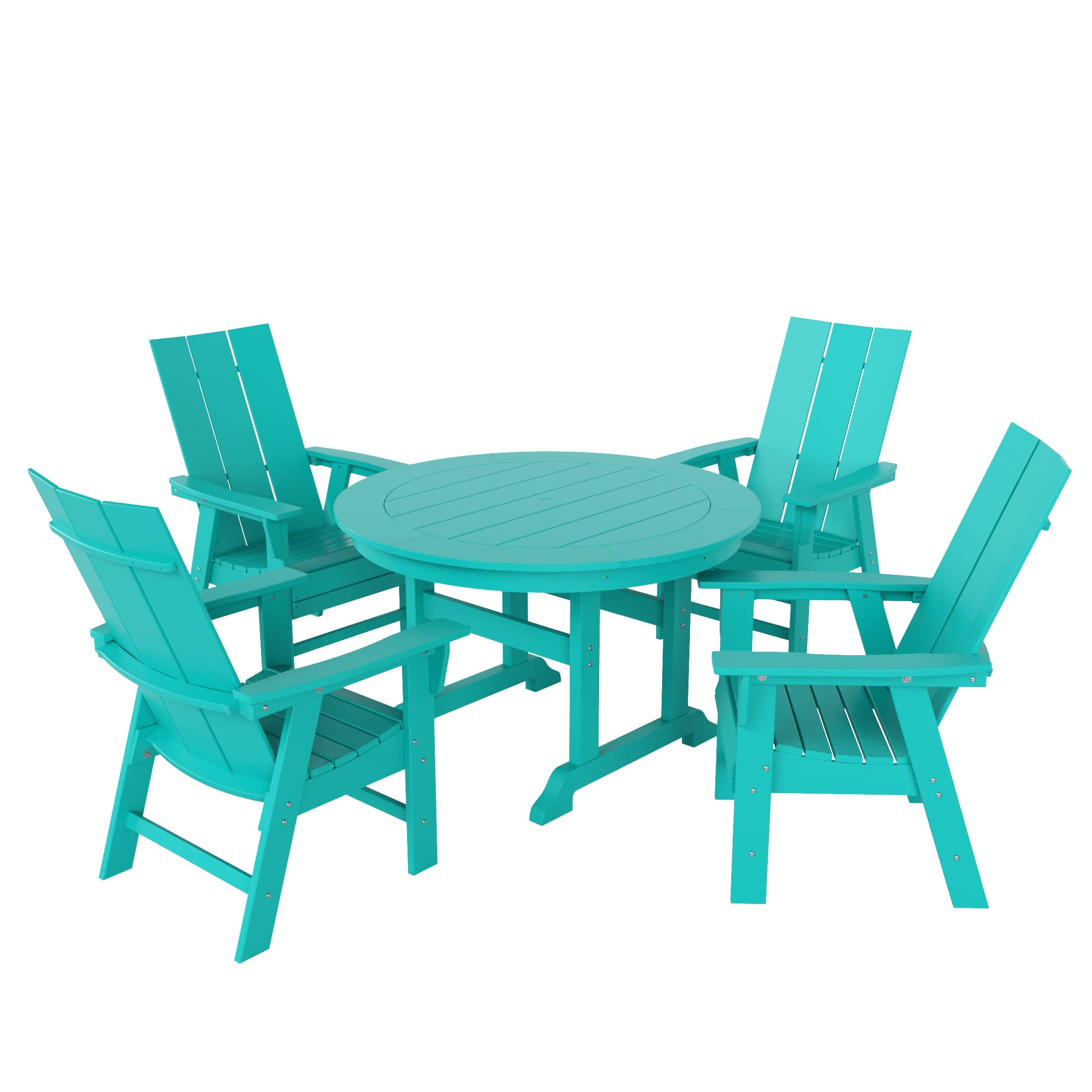 WO Outdoor Adirondack Dining Chair Round Table 5 PCS Set Retro Aesthetic Curveback for Outside Restaurant Dining, Resort, Hotel, Home, Balcony, Terrace, Lawn, Pool, Deck, Garden (Turquoise)