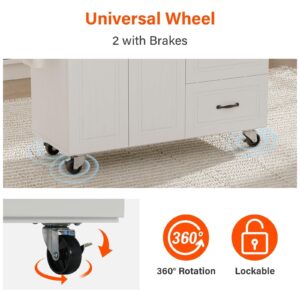 4 EVER WINNER Kitchen Island Cart with Drop Leaf & 3 Drawers, 43” Kitchen Island with Storage Cabinet on Wheels, Spice Rack, Towel Rack, Rolling Kitchen Island Table Breakfast Bar for Kitchen, White