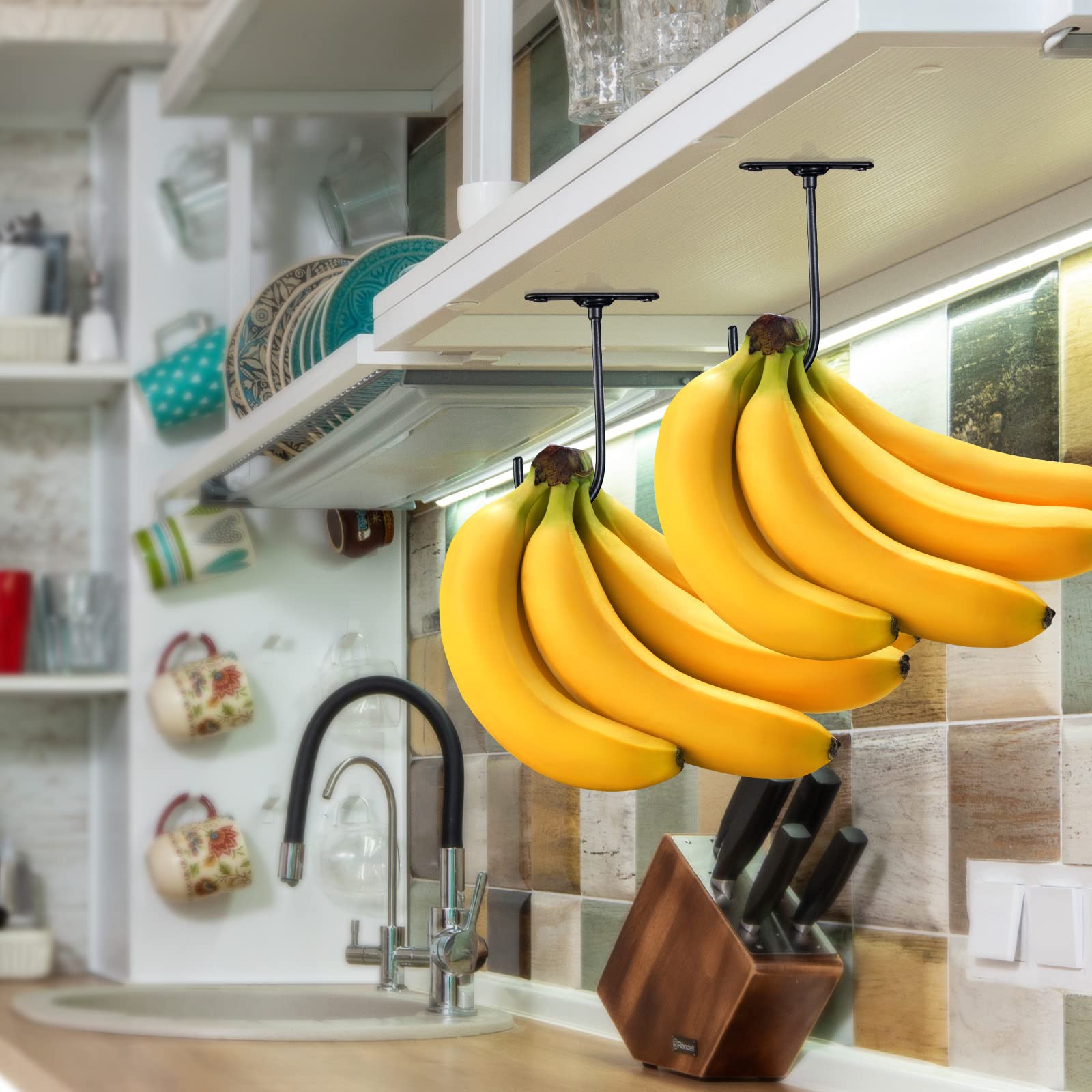 EGMEHOAD 2 Pack Banana Holder Hook Under Cabinet to Keep Bananas Fresh, Banana Hanger Under Cabinet Black 2 Pcs, Banana Hook Under Cabinet Metal