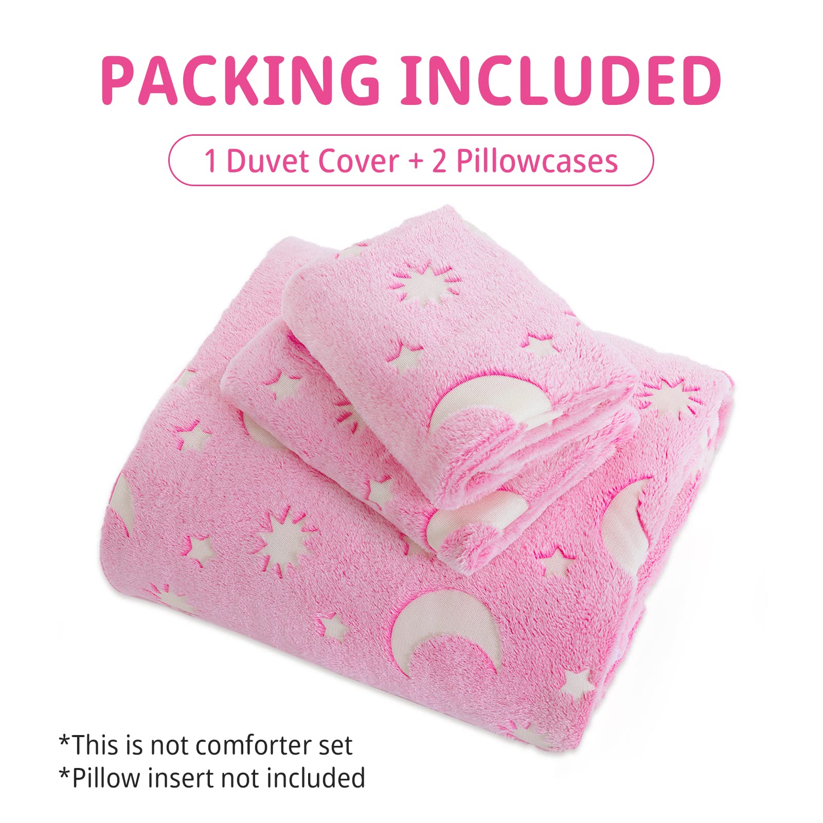 HOMBYS Glow in The Dark Duvet Cover Set for Kids Full/Queen Size, 3 Pieces Pink Soft Plush Velvet Bedding Comforter Cover with Glowing Stars for Girls Bedroom (1 Duvet Cover, 2 Matching Pillow Cases)