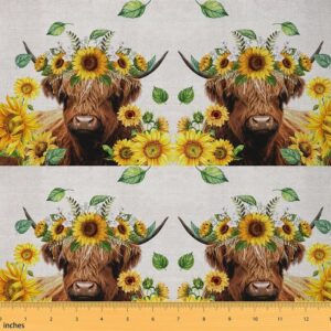 highland cow upholstery fabric by the yard, highland cattle sunflower decorative fabric for upholstery and home diy projects, yellow flowers pattern waterproof outdoor fabric, 1 yard, yellow