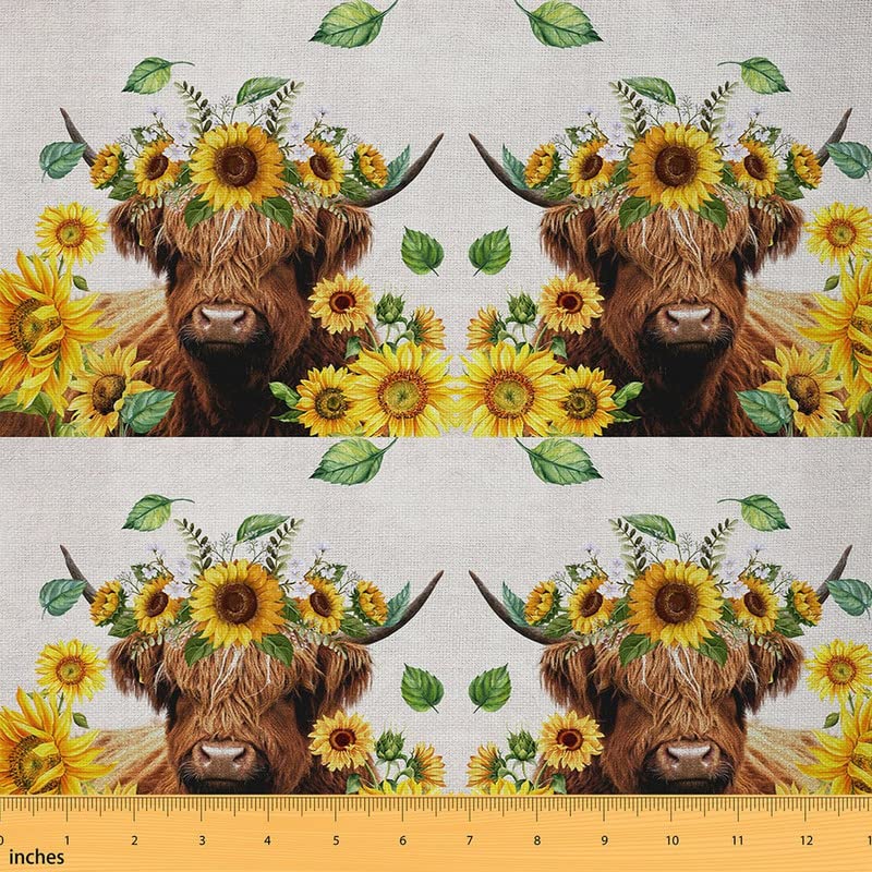 Highland Cow Upholstery Fabric by The Yard, Highland Cattle Sunflower Decorative Fabric for Upholstery and Home DIY Projects, Yellow Flowers Pattern Waterproof Outdoor Fabric, 1 Yard, Yellow