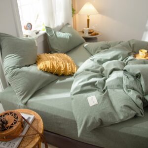 OS OMYSTYLE Sage Green Duvet Cover King Size 100% Washed Cotton Linen Like Textured for All Seasons, 3 Pieces Ultra-Soft Solid Color Bedding Set with Zipper Closure, 1Pc Duvet Cover 2Pcs Pillowcases