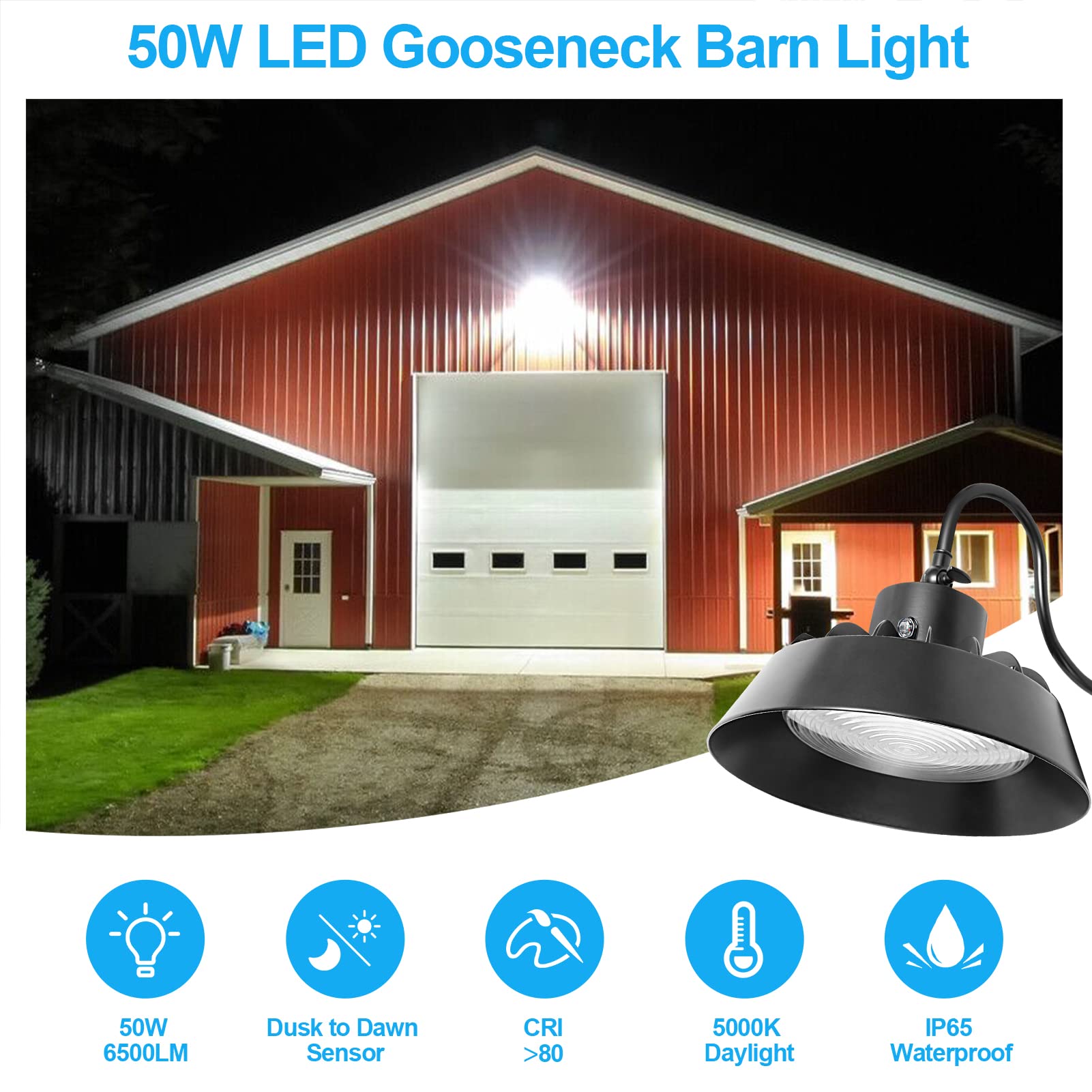 Paktonvo LED Gooseneck Barn Light, 50W 5000K Daylight 6500LM Dusk to Dawn Outdoor Farmhouse Wall Mount Light with Photocell,400W MH/HPS Equiv,Swivel Head LED Wall Lantern Light for Porch Yard Street