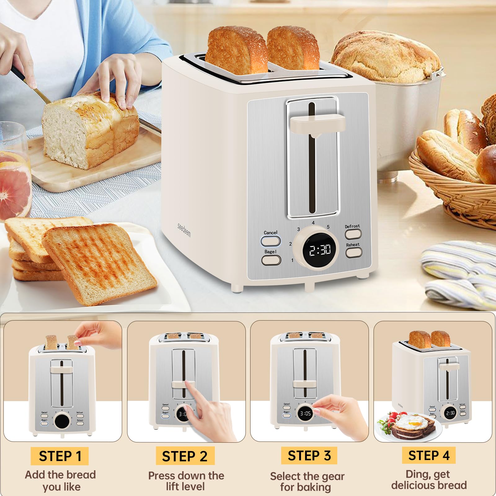 SEEDEEM Toaster 2 Slice, Bread Toaster with LCD Display, 7 Shade Settings, 1.４'' Extra Wide Slots Toaster with Cancel, Bagel, Defrost, Reheat Functions, Removable Crumb Tray, 900W, Cream White