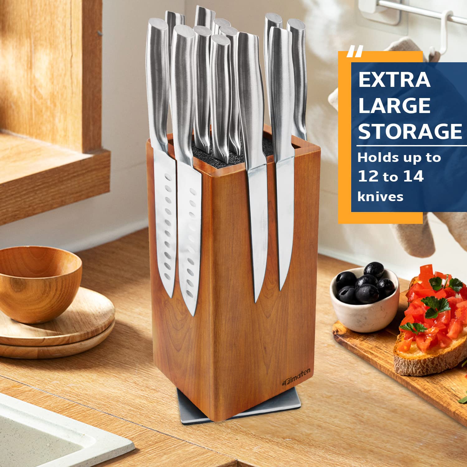 Fimaten universal magnetic knife block without knives-360° rotatable magnetic knife holder made of fine acacia wood, Extra large magnet knife storage for knives and utensils for a quality kitchen life