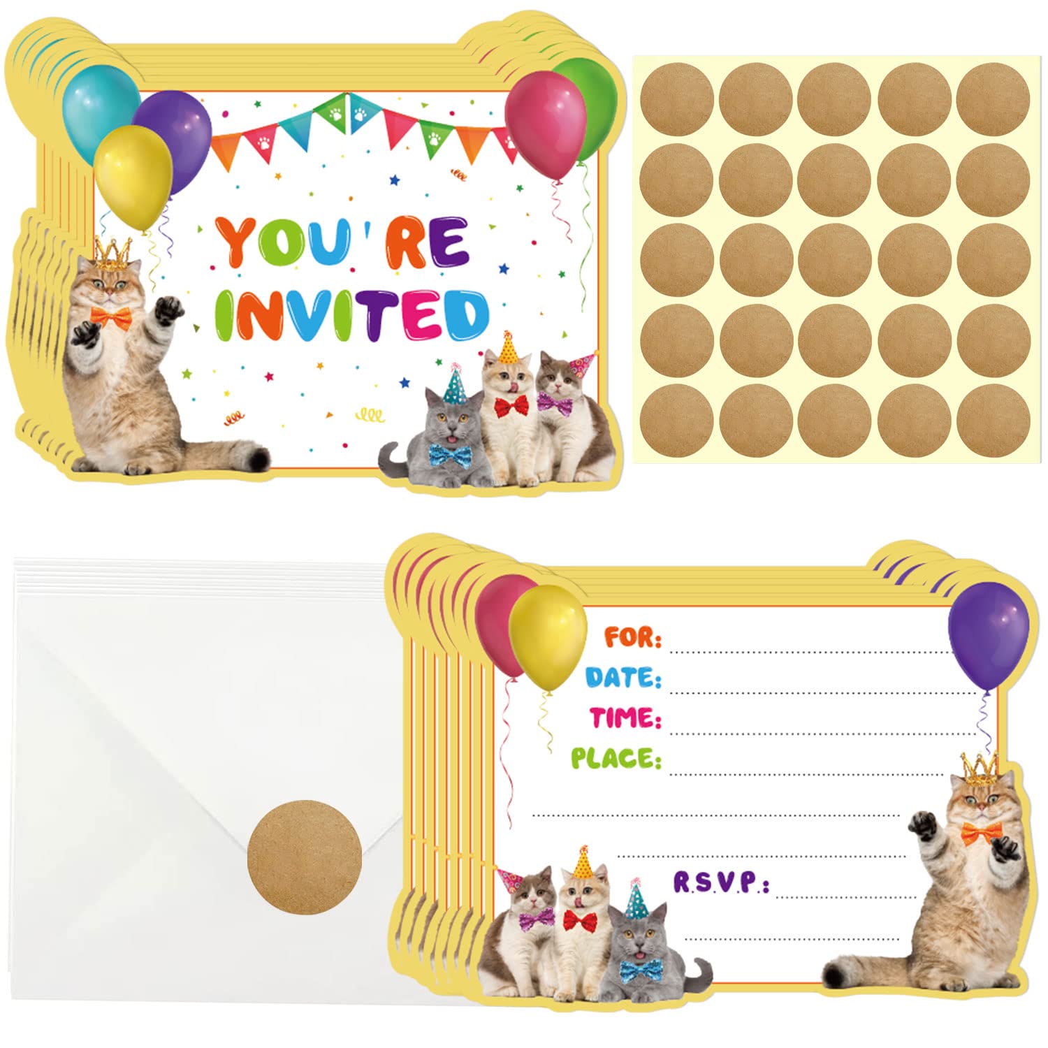 GOGOPARTY 20 Pcs Cat Birthday Invitations, Kitten Party Invitations Cute Animal Birthday Party Invitation Cards With Sticker Labels 20 Envelope Birthday Invitations for Birthday Party Supplies