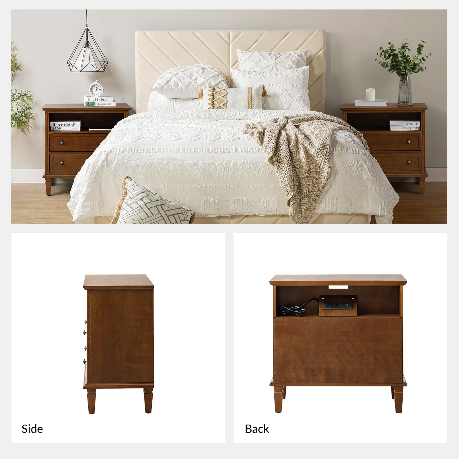 HULALA HOME Nightstand with Charging Station, Transitional End Table with USB Ports & Outlets, Fluted Pilasters Design Wood 2 Drawers Side Table with Open Space Dresser for Bedroom,Walnut