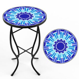 fromjbest mosaic outdoor side table, patio side table, weather resistant 14" diameter 21" h ceramic tile round outside table for patio, porch, garden, pool, indoor&outdoor,plant stand (vortex)