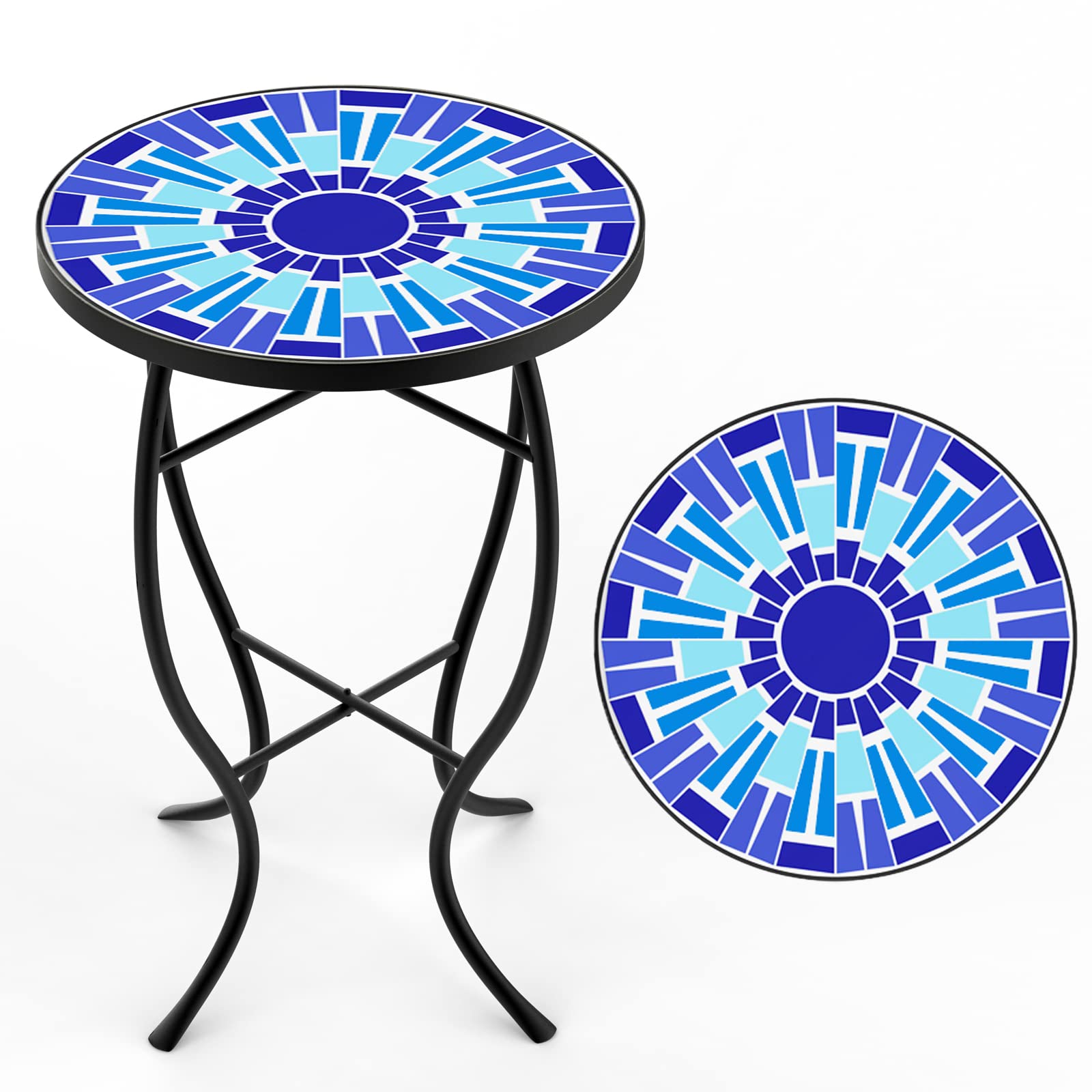 FROMJBEST Mosaic Outdoor Side Table, Patio Side Table, Weather Resistant 14" Diameter 21" H Ceramic Tile Round Outside Table for Patio, Porch, Garden, Pool, Indoor&Outdoor,Plant Stand (Vortex)