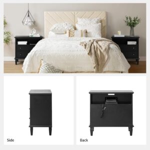 HULALA HOME Farmhouse Nightstand with Charging Station, Set of 2 End Table with USB Ports and Outlets, Fluted Pilasters Bedside Table with Open Space Dresser for Bedroom,Black