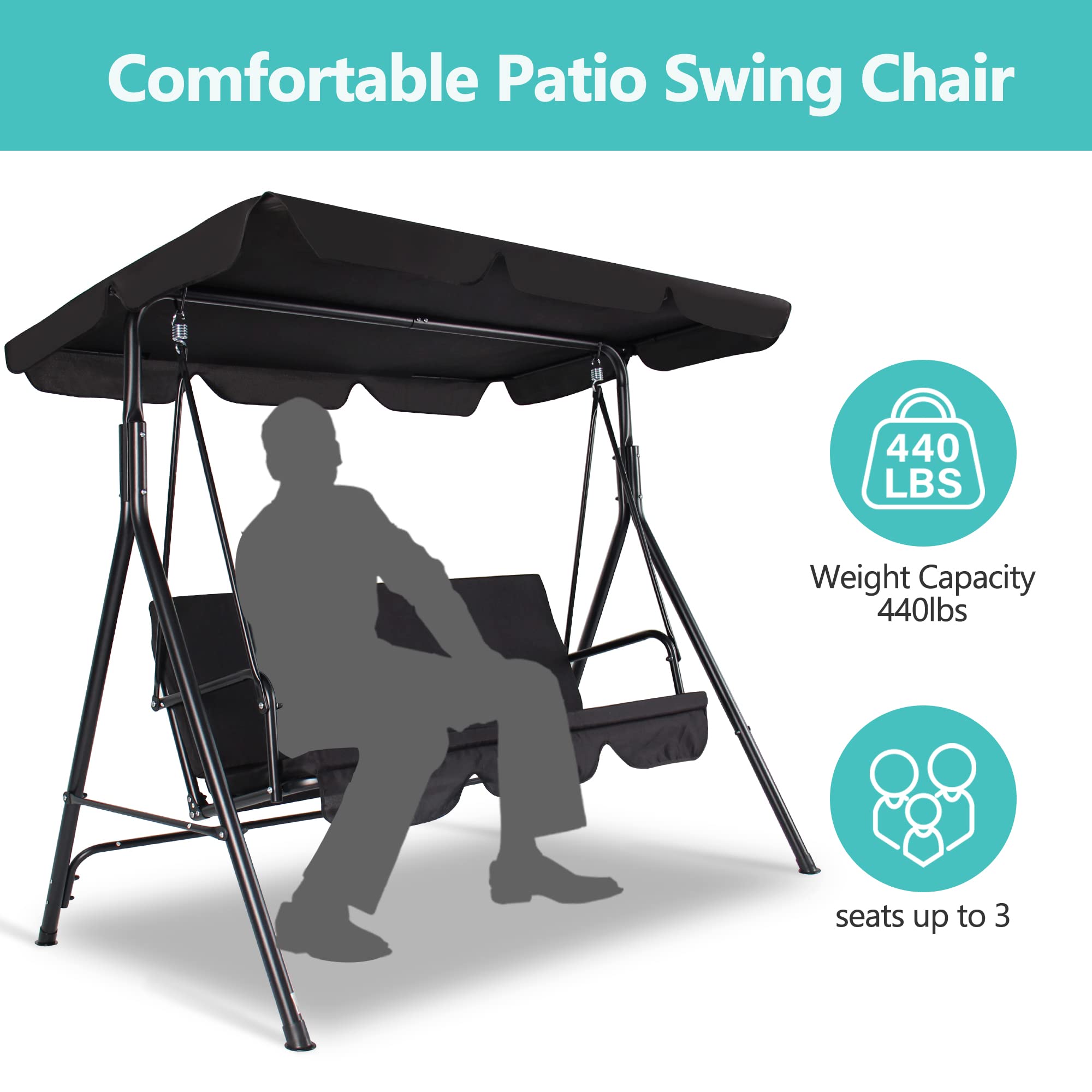 Funny Sunny Outdoor Patio Swing Chair with Canopy,3 Seater Porch Swing Chair with Adjustable Canopy and Removable Cushion for Patio Garden Poolside Balcony Backyard, Black