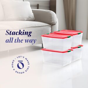 HOMZ 8-Pack Plastic Storage Bins w/Lids, Stackable Totes, 65 Quart, Red Lid