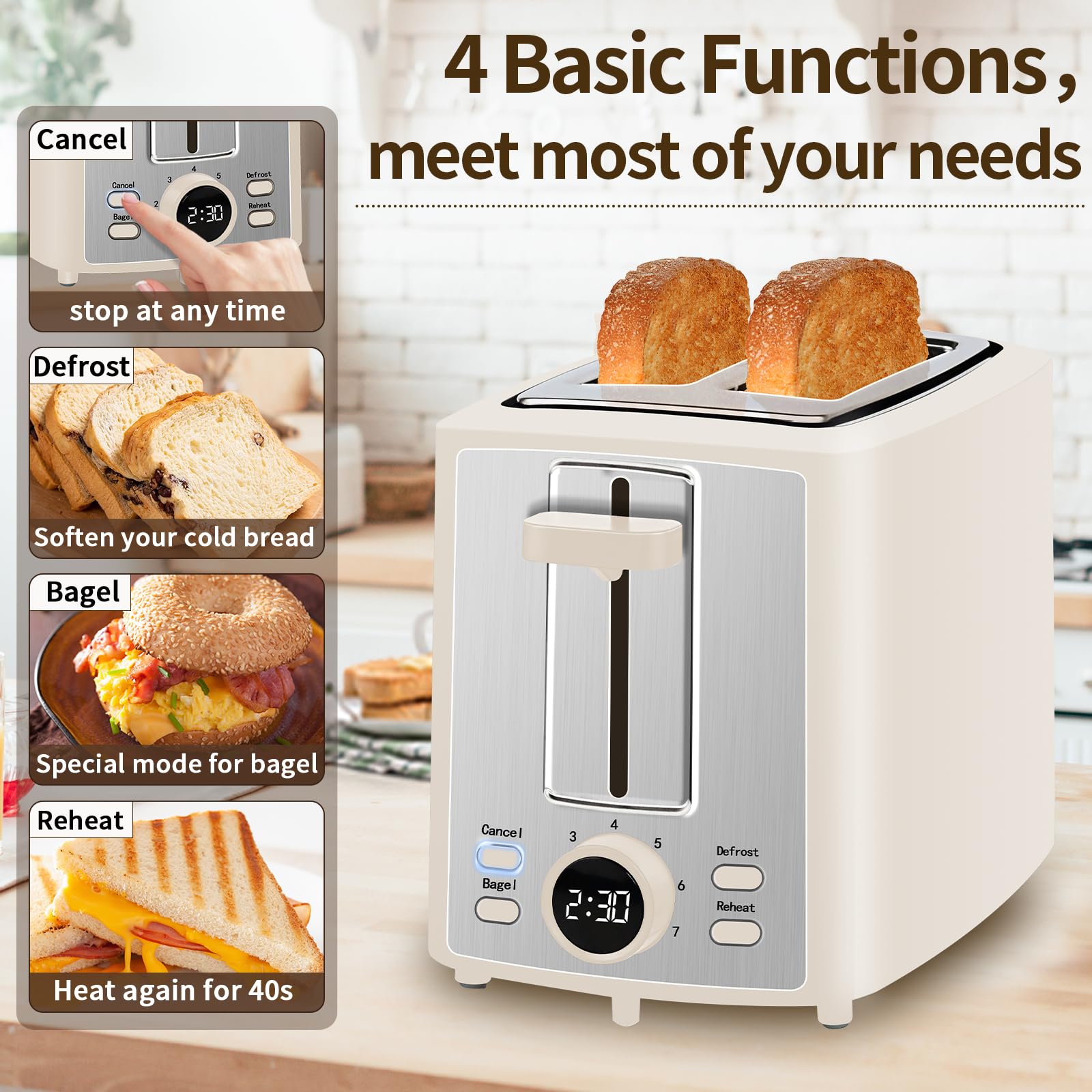 SEEDEEM Toaster 2 Slice, Bread Toaster with LCD Display, 7 Shade Settings, 1.４'' Extra Wide Slots Toaster with Cancel, Bagel, Defrost, Reheat Functions, Removable Crumb Tray, 900W, Cream White