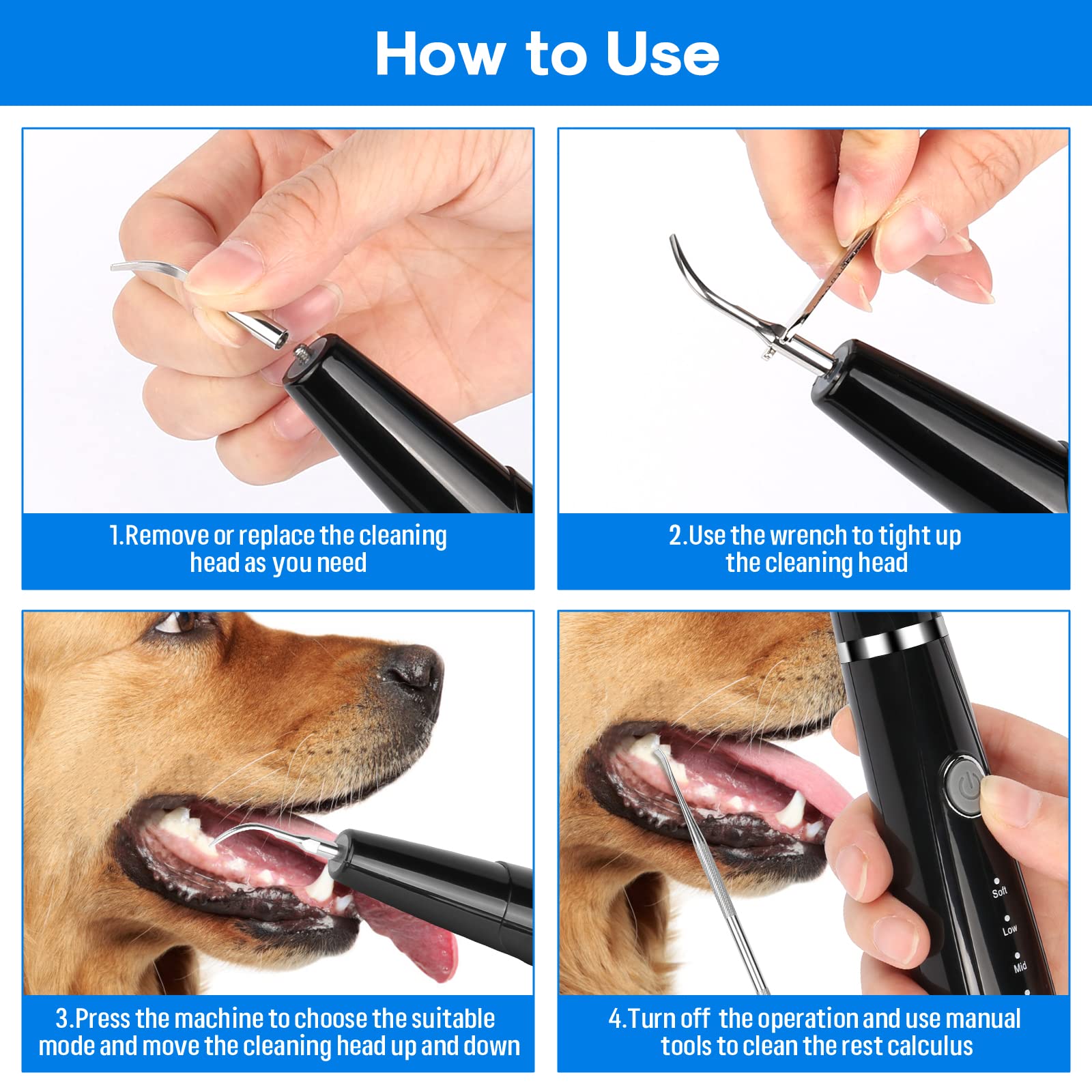 Ultrasonic Dog Teeth Cleaning Kit for Pet Teeth Cleaning, Dog Plaque Remover for Teeth, 5 Modes Dog Tartar Remover for Teeth Care to Remove Stains Calculus, 10 in 1 Pet Cleaner Toothbrush (Black)