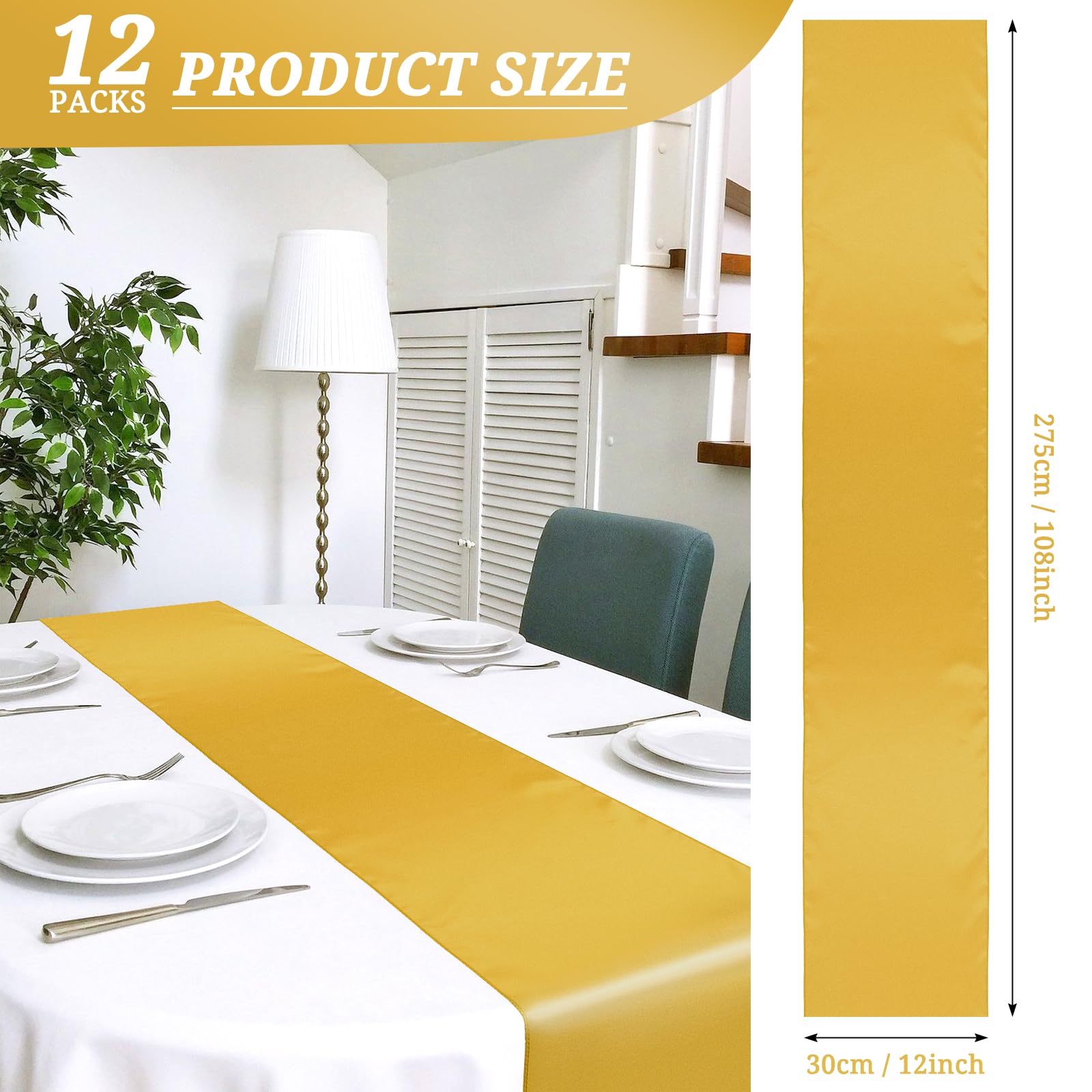 12 Pack Gold Satin Table Runner 12 x 108 Inch Long Premium Table Runners, for Wedding Party Events Decoration, Birthday Parties, Banquets Decorations, Graduations, Engagements