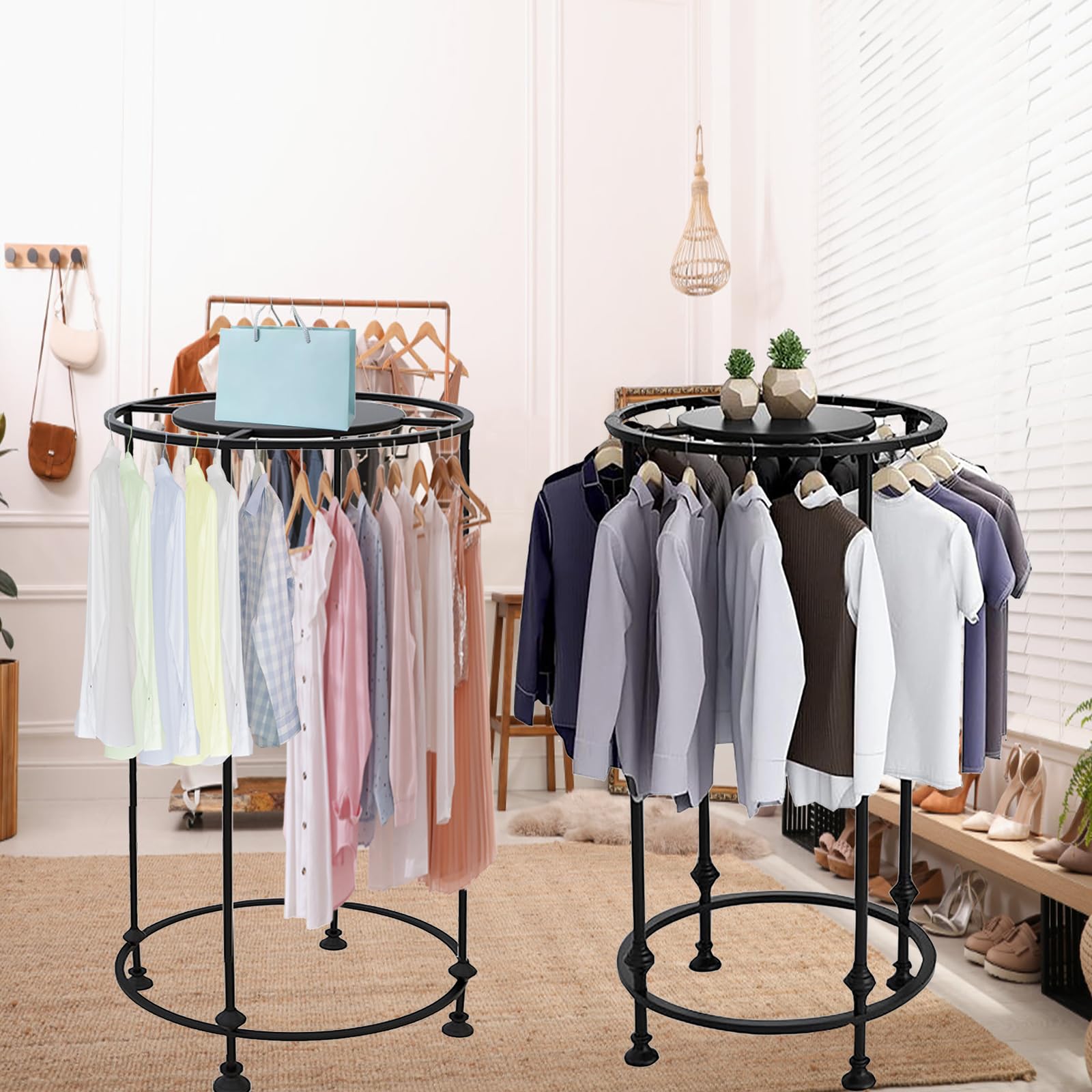 ZOUXIKOU Freestanding Round Garment Display Retail Rack, Floor-Standing Double Space Multi-Purpose Metal Shelf for Clothes Storage, Commercial Clothing Organizer in Retail Boutiques and Bedroom