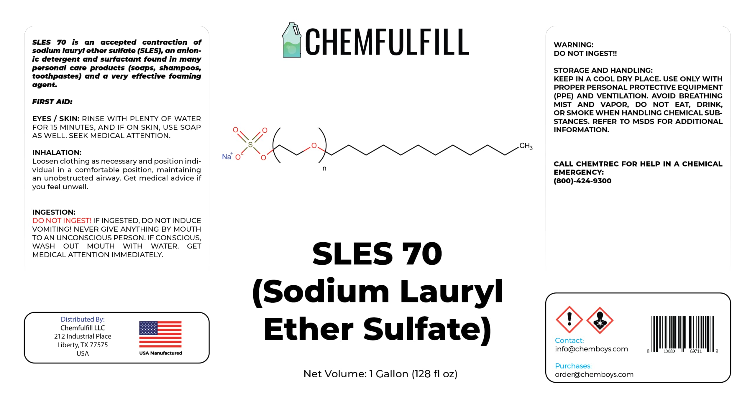 Chemfulfill Sodium Lauryl Ether Sulfate 70% – SLES 70% (SLES70) (Gallon (128 fl oz))