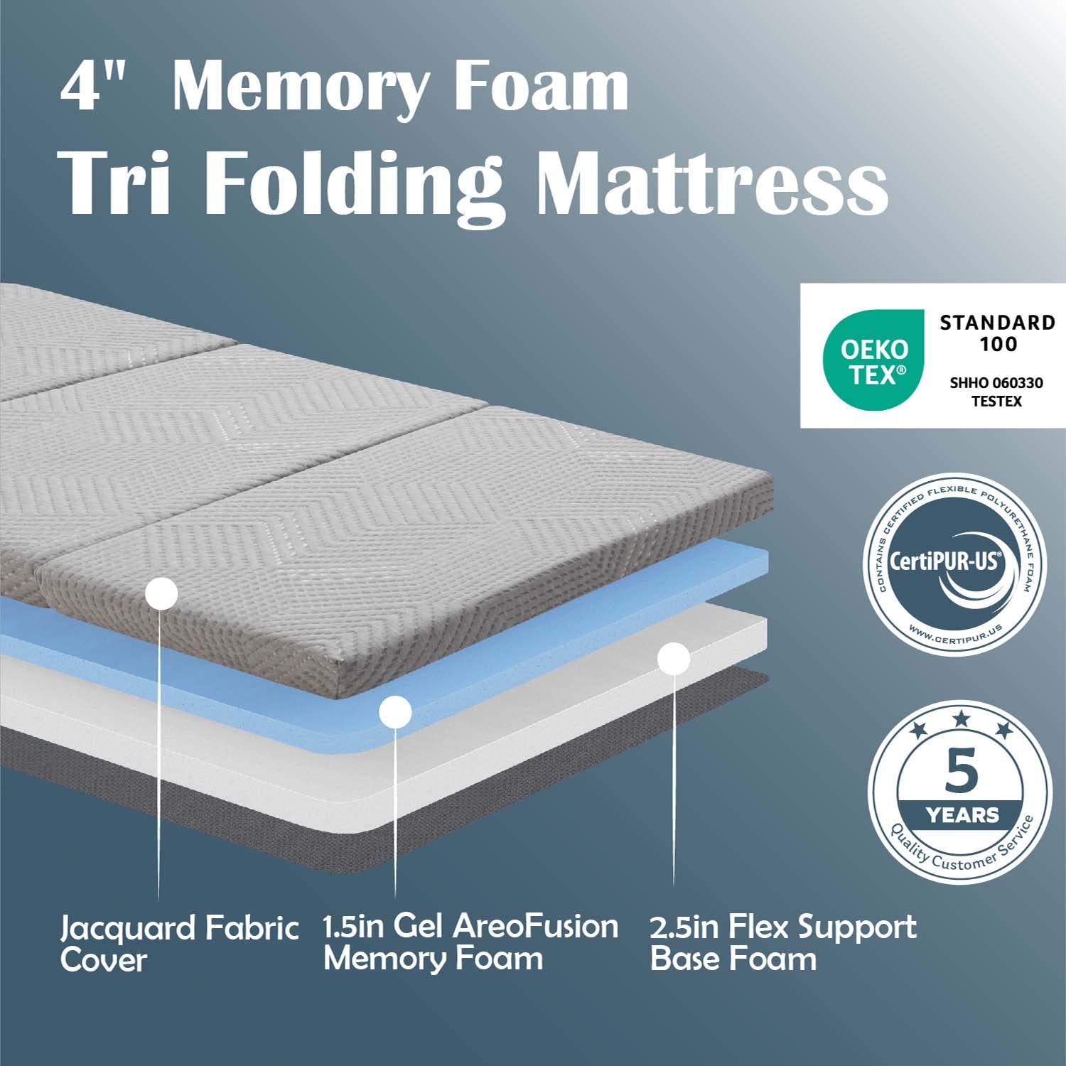 Dyonery Folding Mattress, 4 Inch CertiPUR-US Certified Memory Foam Twin XL Foldable Camping Mattress with Washable Cover, 80"×38"×4", Grey